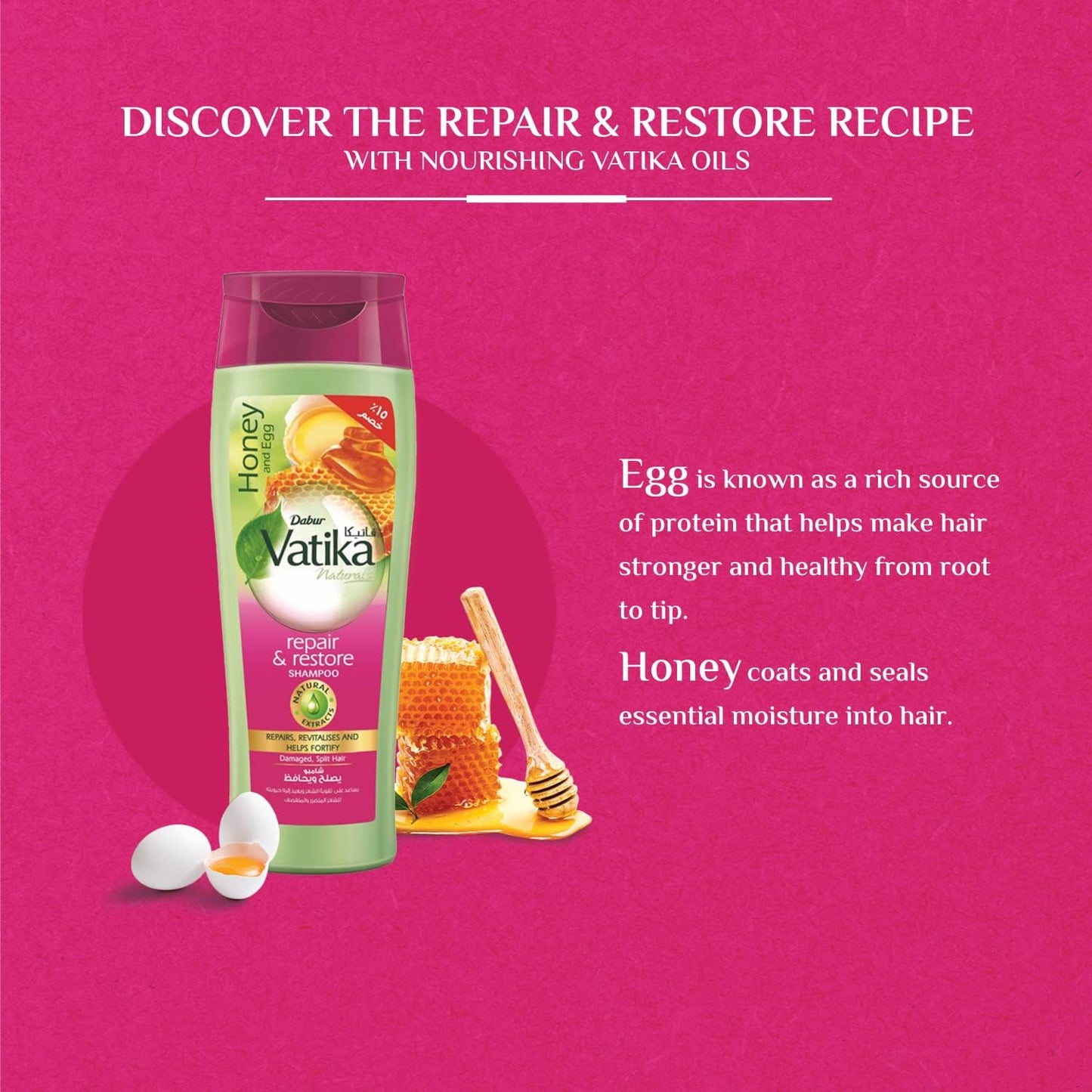 Vatika Naturals Repair & Restore Shampoo 180 ml | Honey & Egg with Natural Extracts | Repairs & Revitalizes Damaged and Split Hair Package May Vary