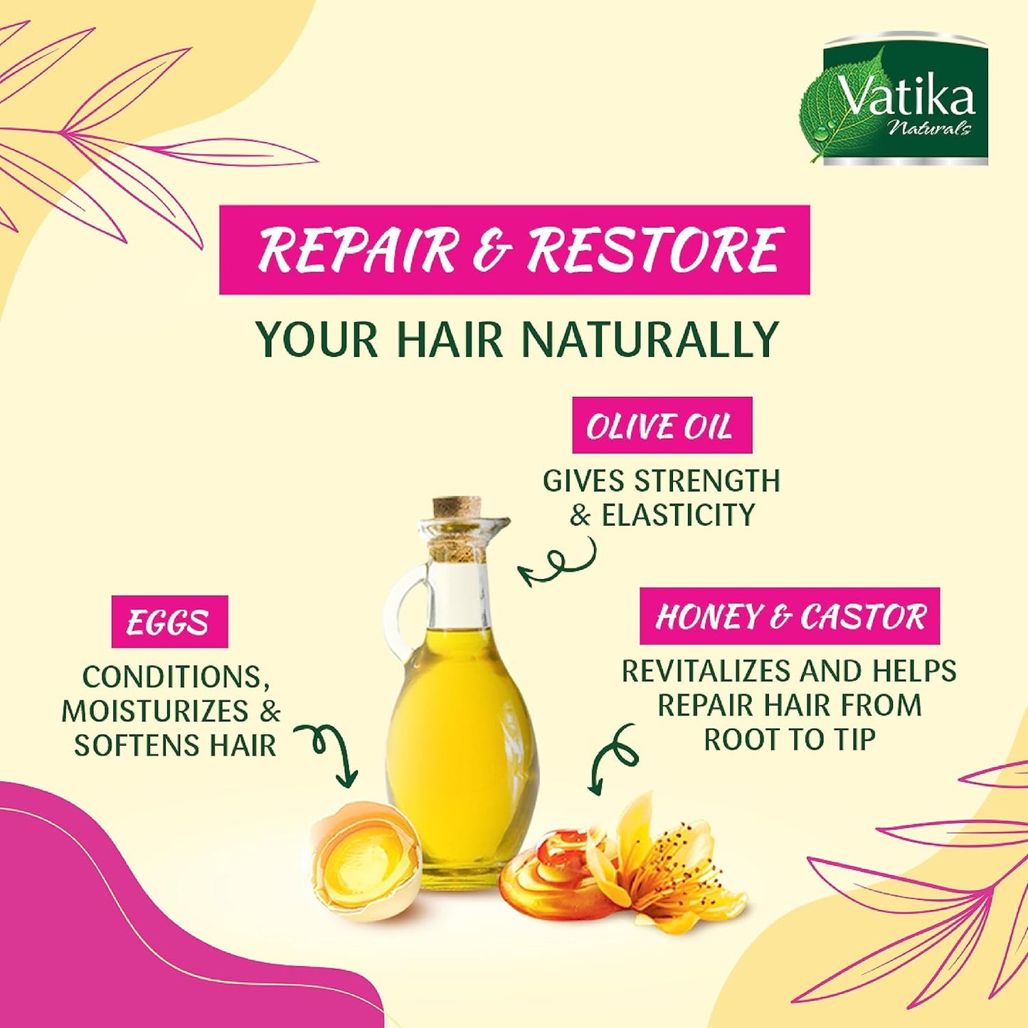 Vatika Naturals Repair and Restore Hair Mayonnaise (500mL) | Natural Extracts of Castor, Honey, and Marrow | Nourishes Damaged and Chemically Treated Hair