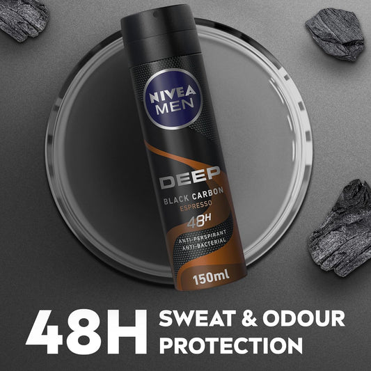 NIVEA MEN Antiperspirant Spray for Men, 48h Protection, DEEP Black Carbon Antibacterial, Espresso Scent - 150ml