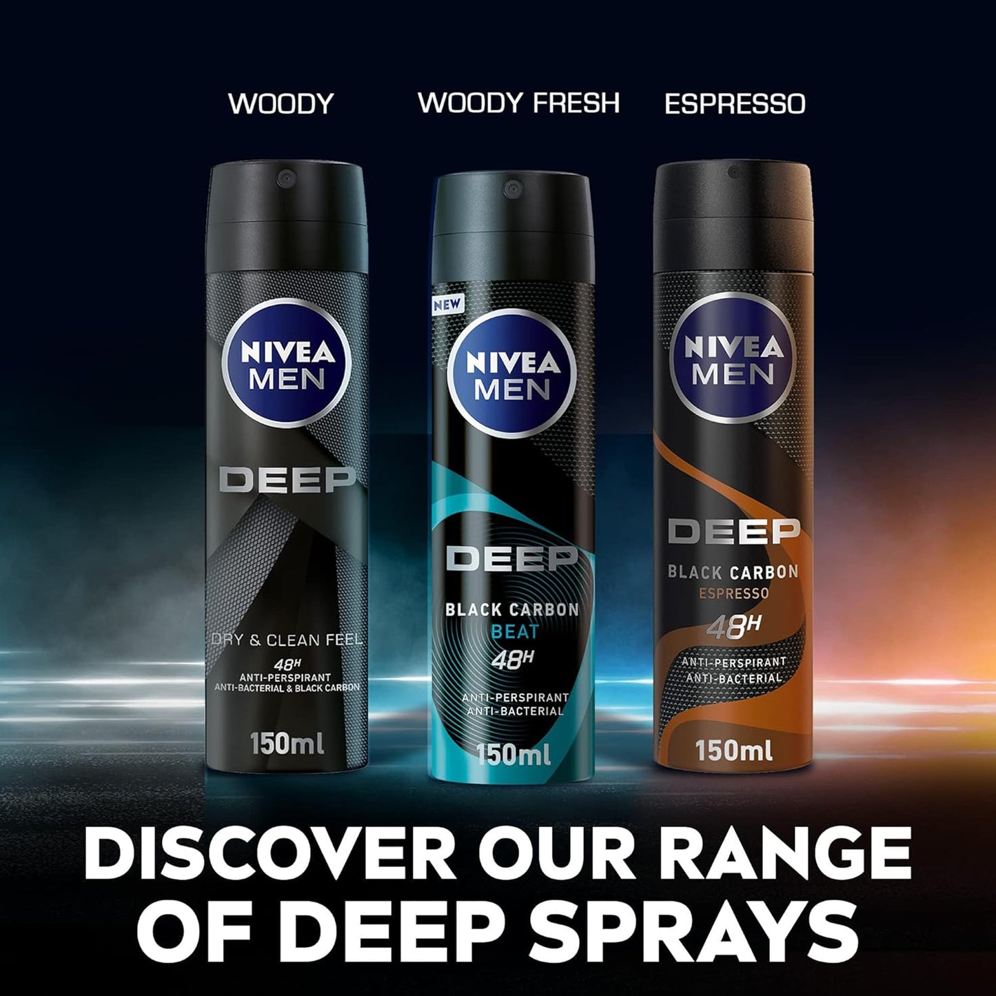 نيفيا مين بخاخ مضاد للتعرق للرجال، حماية تدوم 48 ساعة، مضاد للبكتيريا بالكربون الأسود العميق، برائحة الإسبريسو - 150 مل