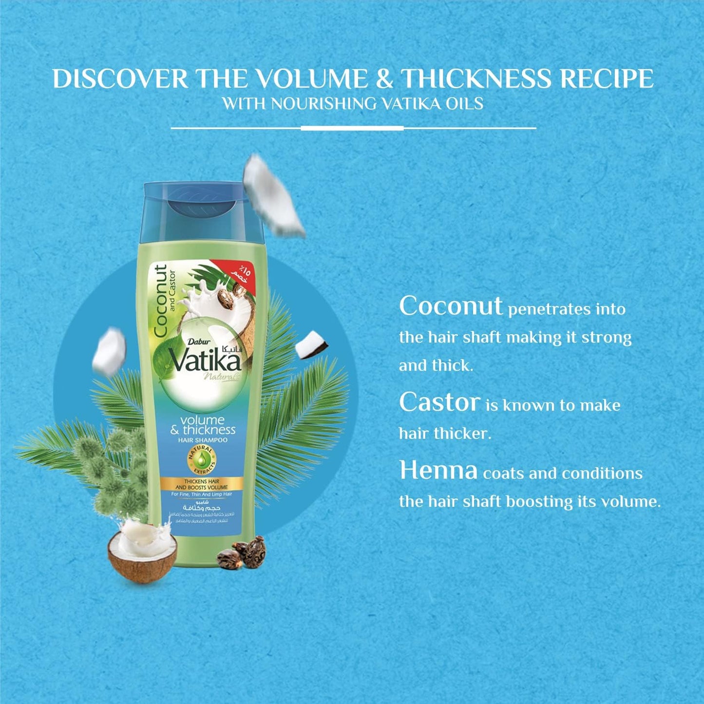 Vatika Naturals Volume and Thickness Shampoo (360mL) + 15% OFF | Natural Extracts of Coconut and Castor | For Normal Thin and Limp Hair