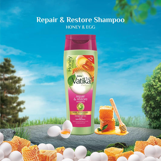 Vatika Naturals Repair & Restore Shampoo 180 ml | Honey & Egg with Natural Extracts | Repairs & Revitalizes Damaged and Split Hair Package May Vary