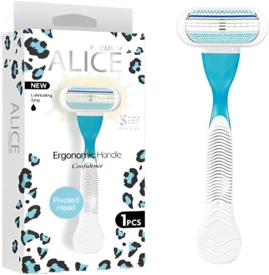 Alice - Razor For Women, Premium Alice, Ergonomic Handle, Pivoted Head, Confidence, New Lubricating Strip, 1 Piece, Baby Blue & White, For Dry Skin
