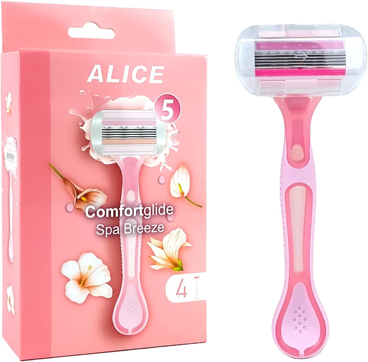 ALICE Comfort Glide Women's Razor - 5-Layer Blades with Aloe Vera and Vitamin E Moisture Strips – Ergonomic Handle & Feminine Design – Value Pack of 4