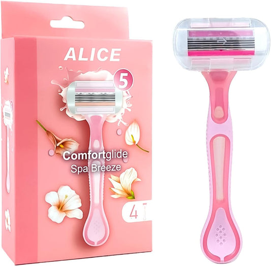 ALICE Comfort Glide Women's Razor - 5-Layer Blades with Aloe Vera and Vitamin E Moisture Strips – Ergonomic Handle & Feminine Design – Value Pack of 4