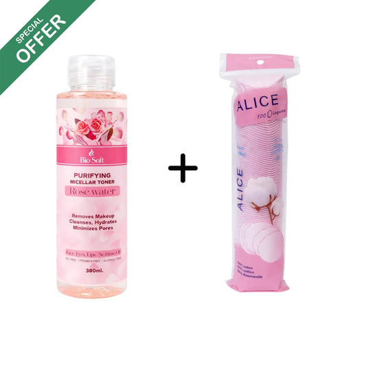 Bio soft Purifying Micellar Toner with Rose - 380ml+Alice Makeup Remover Cotton Pads – 100 pcs (Pink)