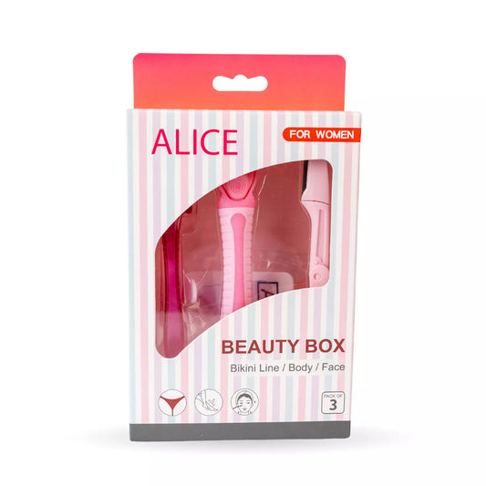 Alice - Beauty Box, Set Of 3 Razors, For Bikini Line & Face & Body Grooming, For Women, Come With Holder & Double Face For Holder