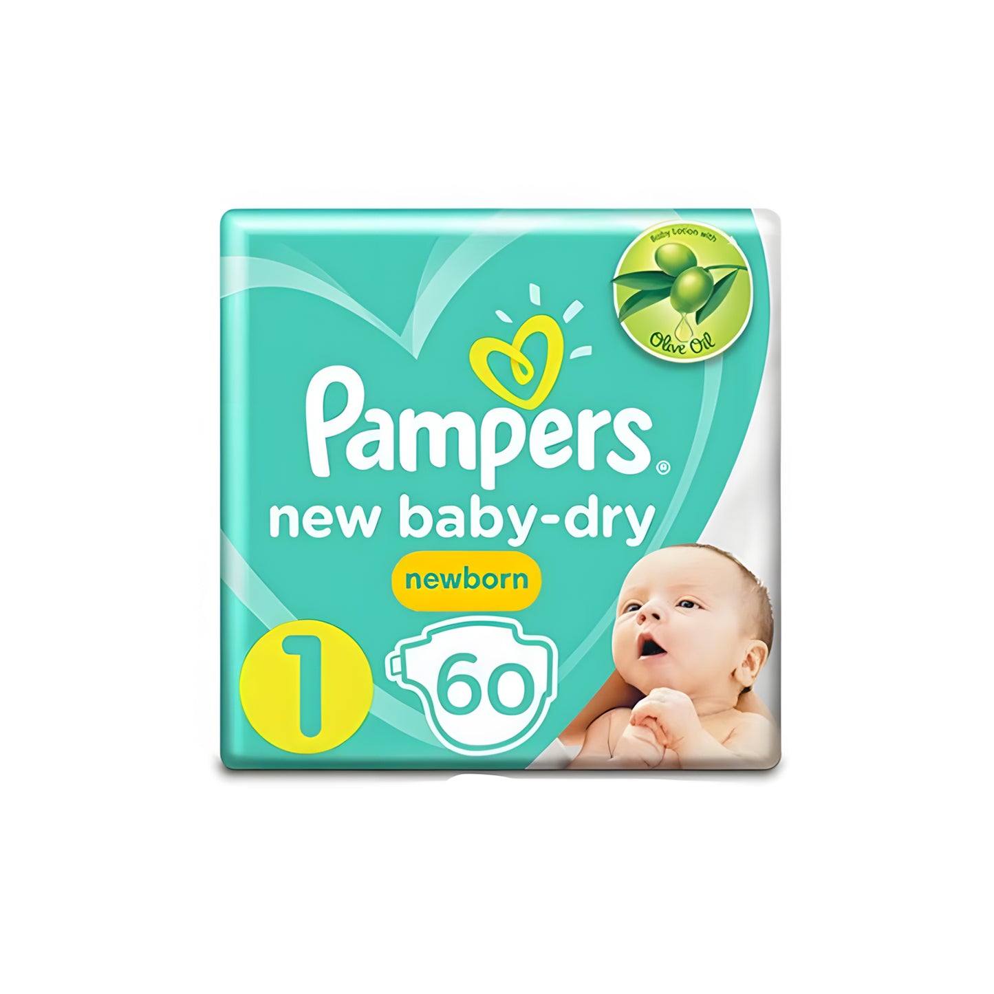 حفاضات بامبرز بيبي دراي بشريط لاصق، مقاس 1، 2-5 كجم، مع لوشن بزيت الزيتون، 60 حفاضة أطفال 