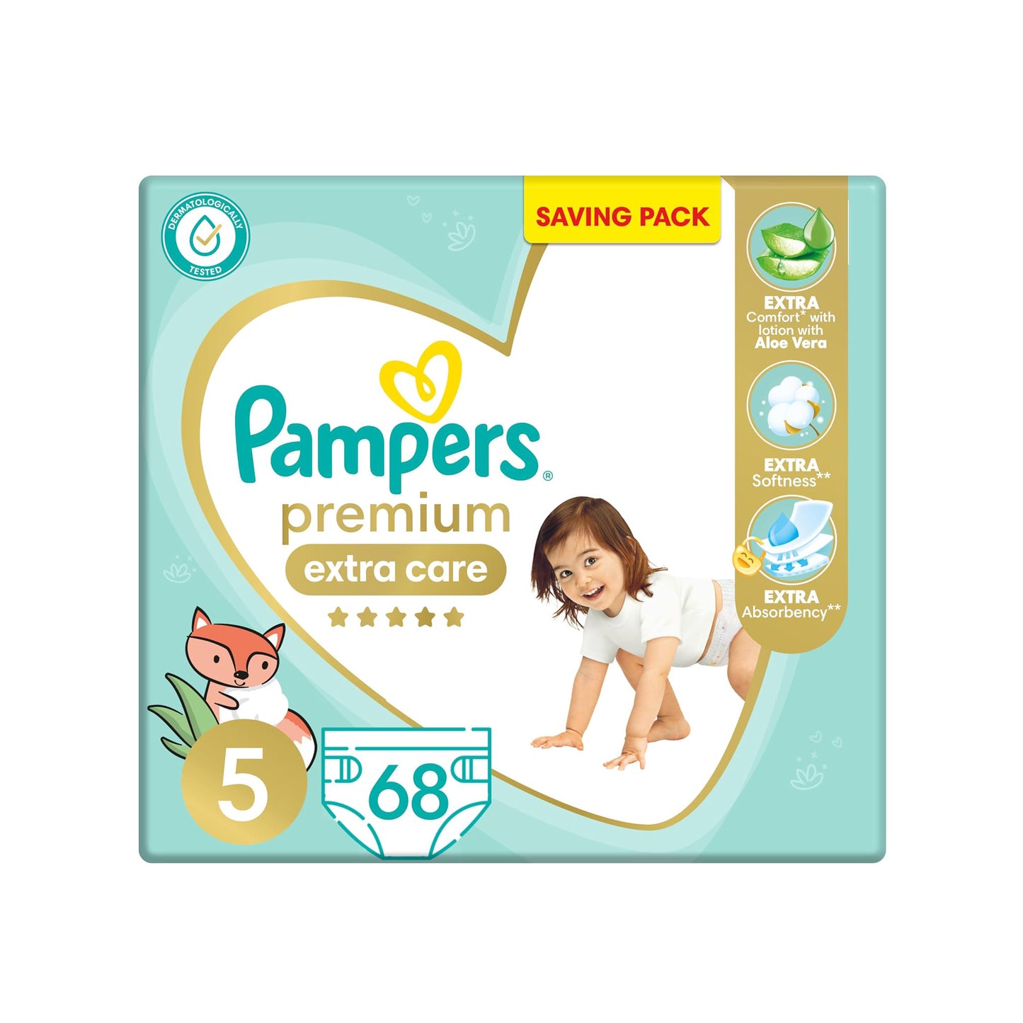 حفاضات بامبرز بريميوم إكسترا كير بشريط لاصق، مقاس 5، 11-25 كجم، مع لوشن بخلاصة الصبار، عبوة توفير، 68 حفاضة أطفال 