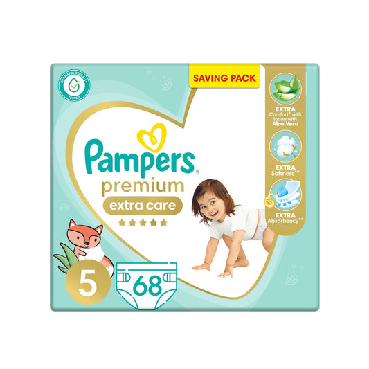 حفاضات بامبرز بريميوم إكسترا كير بشريط لاصق، مقاس 5، 11-25 كجم، مع لوشن بخلاصة الصبار، عبوة توفير، 68 حفاضة أطفال 