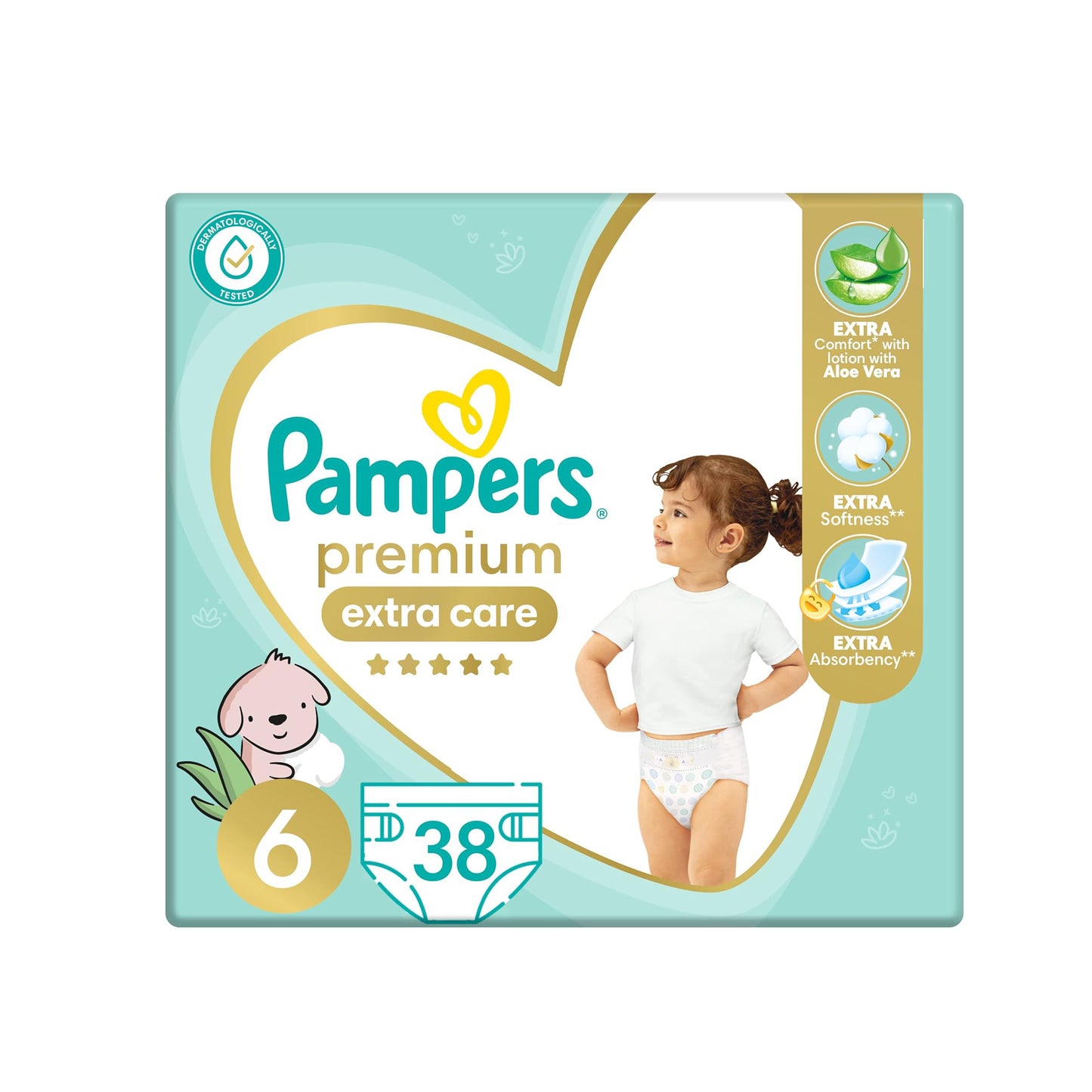 حفاضات بامبرز بريميوم إكسترا كير بشريط لاصق، مقاس 6، 13+ كجم، مع لوشن بخلاصة الصبار، 38 حفاضة أطفال 