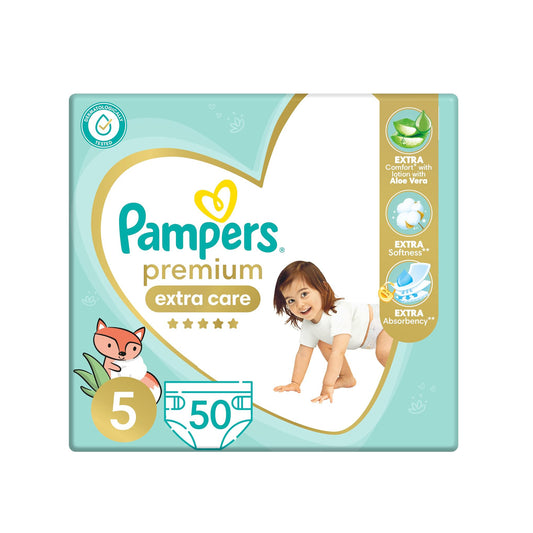 حفاضات بامبرز بريميوم إكسترا كير بشريط لاصق، مقاس 5، 11-25 كجم، مع لوشن بخلاصة الصبار، 50 حفاضة أطفال 
