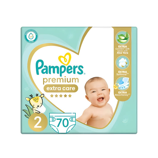 حفاضات بامبرز بريميوم إكسترا كير بشريط لاصق، مقاس 2، 5-8 كجم، مع لوشن بخلاصة الصبار، 70 حفاضة أطفال 